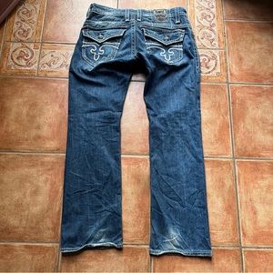 Rock Revival Paul Straight Jeans Distressed Flap Pocket Thick Stitch Size 34x33